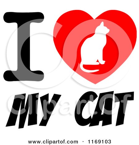 Cartoon of a Cat Silhouette on a Heart with I Love My Cat - Royalty Free Vector Clipart by Hit Toon