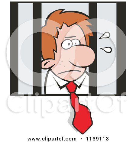 Cartoon of an Imprisoned Businessman with His Tie Hanging out of the Bars - Royalty Free Vector Clipart by Johnny Sajem