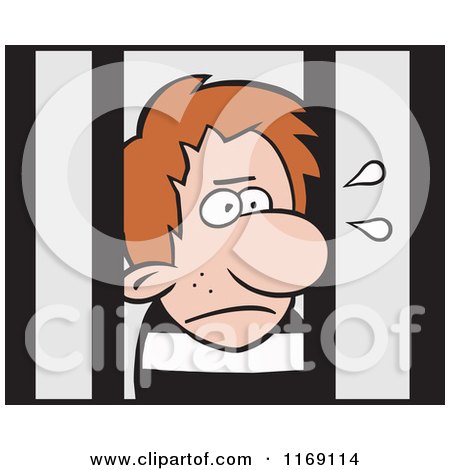 Cartoon of an Imprisoned Man Behind Bars - Royalty Free Vector Clipart by Johnny Sajem