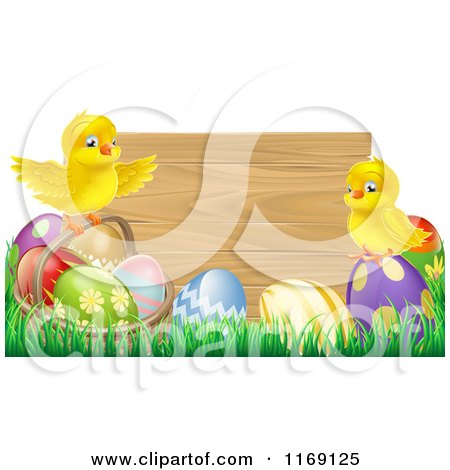 Cartoon of Easter Chicks on Eggs in Front of a Wooden Sign - Royalty Free Vector Clipart by AtStockIllustration