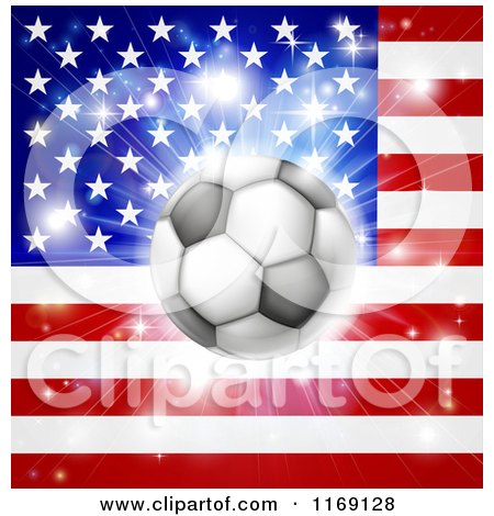 Clipart of a Soccer Ball over an American Flag with Fireworks - Royalty Free Vector Illustration by AtStockIllustration