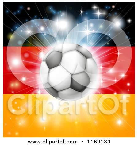 Clipart of a Soccer Ball over a German Flag with Fireworks - Royalty Free Vector Illustration by AtStockIllustration