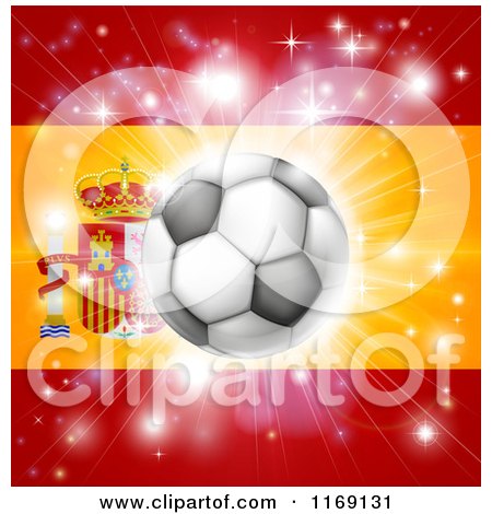 Clipart of a Soccer Ball over a Spanish Flag with Fireworks - Royalty Free Vector Illustration by AtStockIllustration
