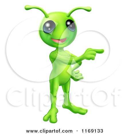 Cartoon of a Friendly Green Alien Pointing - Royalty Free Vector Clipart by AtStockIllustration
