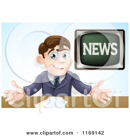 Cartoon of a Happy Male Anchor Presenting the News - Royalty Free Vector Clipart by AtStockIllustration