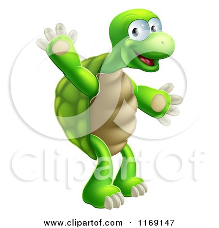 Cartoon of a Happy Green Tortoise Standing and Waving - Royalty Free Vector Clipart by AtStockIllustration