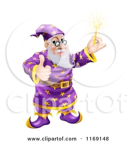 Cartoon of a Happy Wizard Holding a Wand and a Thumb up - Royalty Free Vector Clipart by AtStockIllustration