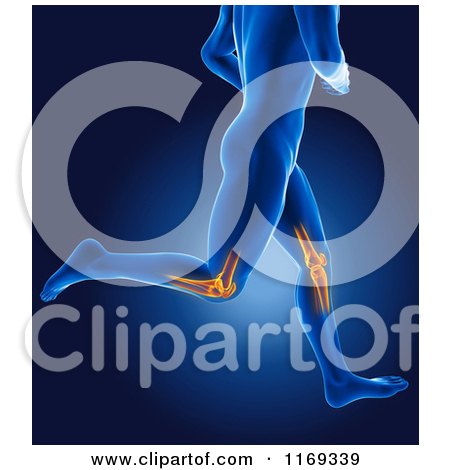 Clipart of a 3d Blue Man Running with Highlighted Knee Joints - Royalty Free CGI Illustration by KJ Pargeter