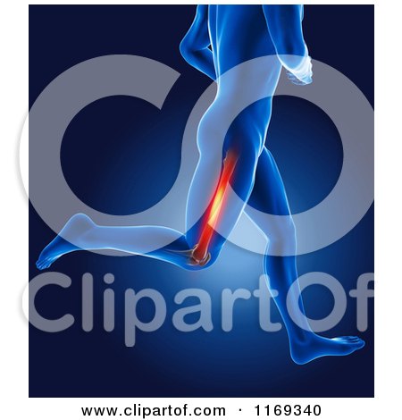 Clipart of a 3d Blue Man Running with a Highlighted Thigh Bone - Royalty Free CGI Illustration by KJ Pargeter