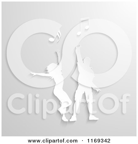 Clipart of a Raised White Couple Dancing with Music Notes on Gray - Royalty Free Vector Illustration by KJ Pargeter