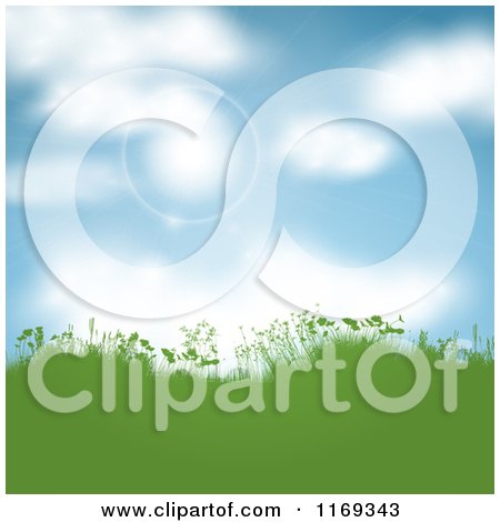 Clipart of a Background of Sky and Flares over Green Hills with Spring Foliage - Royalty Free Vector Illustration by KJ Pargeter