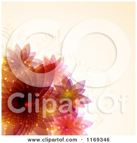 Clipart of a Background of Flowers with Glowing Orbs over Peach - Royalty Free Vector Illustration by KJ Pargeter