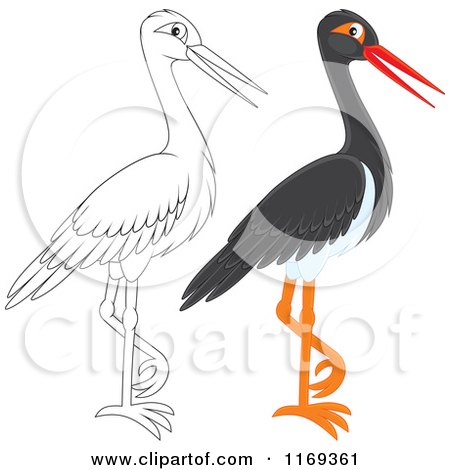 Cartoon of a Standing Outlined and Black Stork Bird - Royalty Free Vector Clipart by Alex Bannykh