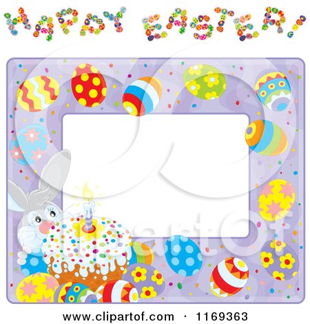 Cartoon of a Bunny Cake and Egg Frame with Happy Easter Text - Royalty Free Vector Clipart by Alex Bannykh