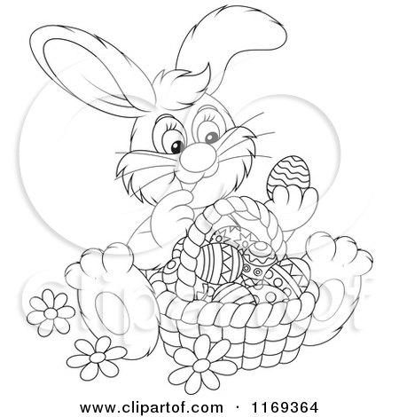 Cartoon of an Outlined Easter Bunny Admiring Eggs in a Basket - Royalty Free Vector Clipart by Alex Bannykh