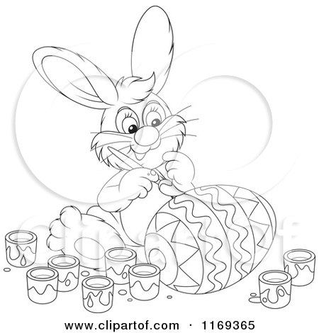 Cartoon of an Outlined Easter Bunny Painting an Egg - Royalty Free Vector Clipart by Alex Bannykh