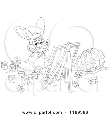 Cartoon of an Outlined Easter Bunny Painting an Egg on a Canvas - Royalty Free Vector Clipart by Alex Bannykh