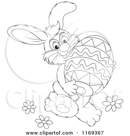 Cartoon of an Outlined Easter Bunny Carrying a Large Egg - Royalty Free Vector Clipart by Alex Bannykh