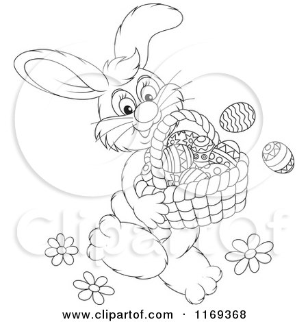 Cartoon of an Outlined Easter Bunny Carrying a Basket of Eggs - Royalty Free Vector Clipart by Alex Bannykh