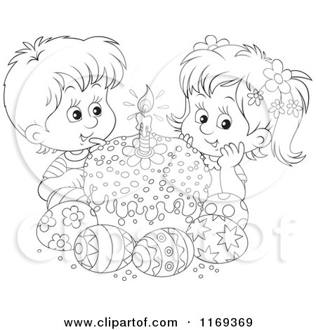 Cartoon of Outlined Cute Children with an Easter Cake and Eggs - Royalty Free Vector Clipart by Alex Bannykh