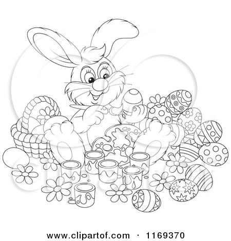 Cartoon of an Outlined Easter Bunny Painting Eggs by a Basket - Royalty Free Vector Clipart by Alex Bannykh