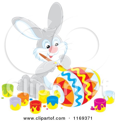 Cartoon of an Easter Bunny Painting a Large Egg - Royalty Free Vector Clipart by Alex Bannykh