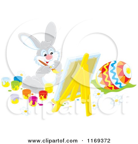 Cartoon of an Easter Bunny Painting an Egg on a Easel - Royalty Free Vector Clipart by Alex Bannykh