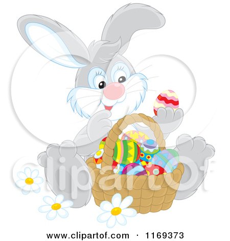Cartoon of an Easter Bunny Admiring Eggs in a Basket - Royalty Free Vector Clipart by Alex Bannykh