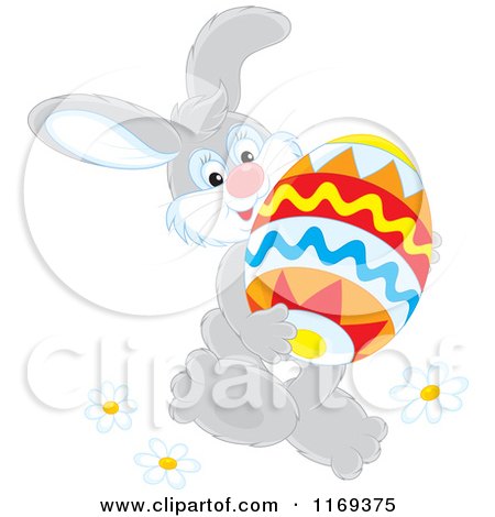 Cartoon of an Easter Bunny Carrying a Large Egg - Royalty Free Vector Clipart by Alex Bannykh
