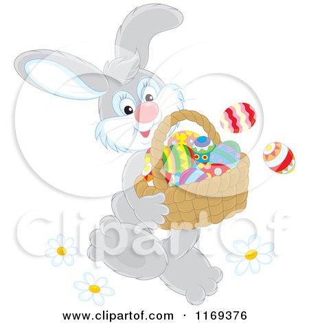 Cartoon of an Easter Bunny Carrying a Basket of Eggs - Royalty Free Vector Clipart by Alex Bannykh