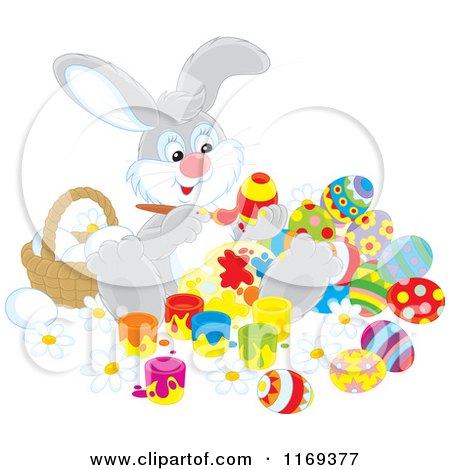 Cartoon of an Easter Bunny Painting Eggs by a Basket - Royalty Free Vector Clipart by Alex Bannykh