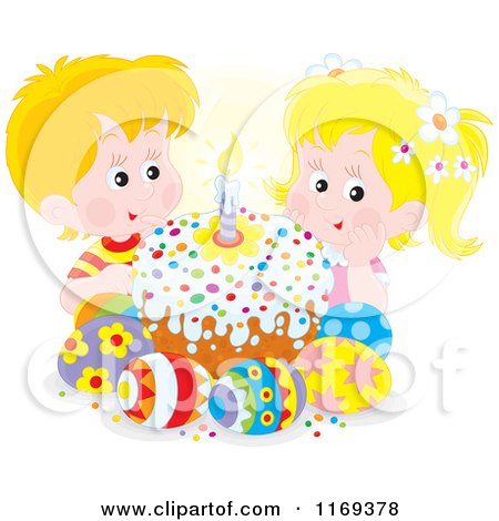 Cartoon of Cute Children with an Easter Cake and Eggs - Royalty Free Vector Clipart by Alex Bannykh