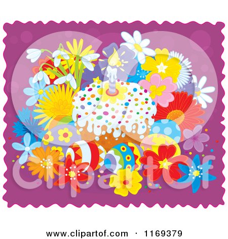 Cartoon of Easter Cake and Eggs with Flowers on Purple and White - Royalty Free Vector Clipart by Alex Bannykh