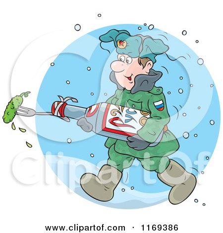 Cartoon of a Soldier Marching Through the Snow with a Pickle - Royalty Free Vector Clipart by Alex Bannykh