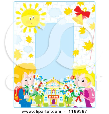 Cartoon of a Frame of Blond School Children with Flowers with Graph Paper - Royalty Free Vector Clipart by Alex Bannykh