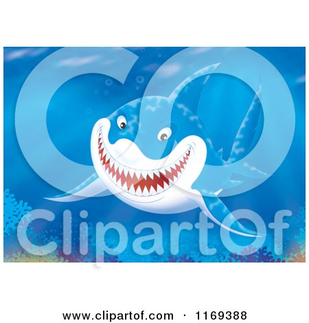 Cartoon of a Grinning Shark Swimming in Coral Waters - Royalty Free Clipart by Alex Bannykh