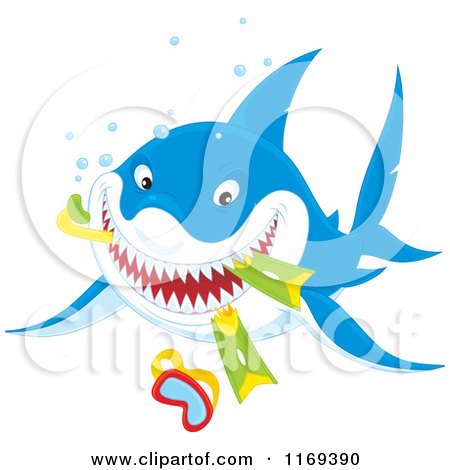 Cartoon of a Grinning Shark Eating Snorkel Gear - Royalty Free Vector Clipart by Alex Bannykh