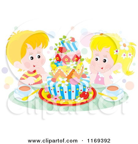Cartoon of a Boy and Girl Staring at a Decorative Cake - Royalty Free Vector Clipart by Alex Bannykh