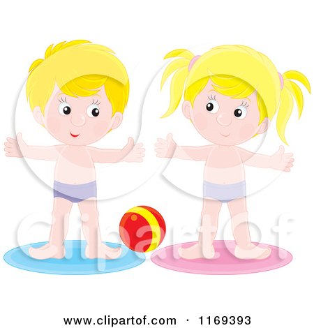 Cartoon of a Boy and Girl Doing Exercises by a Ball - Royalty Free Vector Clipart by Alex Bannykh