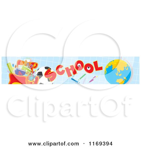 Cartoon of a School Website Banner with Supplies and a Globe on Blue Graph - Royalty Free Vector Clipart by Alex Bannykh