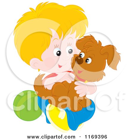 Cartoon of a Happy Blond Boy Holding His Puppy - Royalty Free Vector Clipart by Alex Bannykh