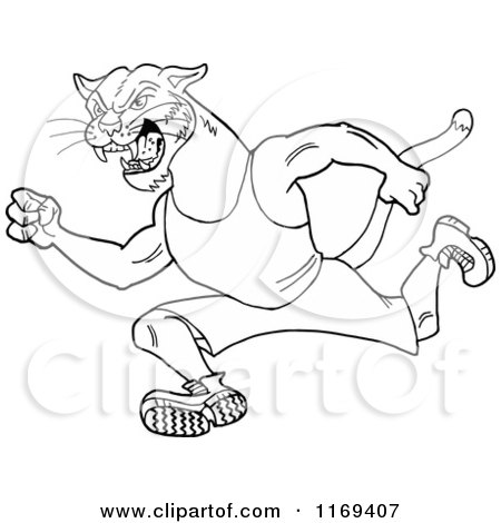 Cartoon of an Outlined Running Cougar Track and Field Mascot - Royalty Free Vector Clipart by LaffToon