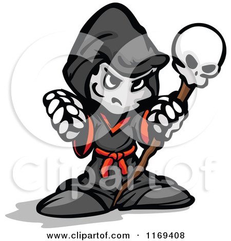Cartoon Of A Tough Necromancer Holding Up A Fist And Skull Staff - Royalty Free Vector Clipart by Chromaco