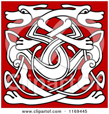 Clipart of a Black and White Celtic Wolf or Dog Design over Red 2 - Royalty Free Vector Illustration by Vector Tradition SM