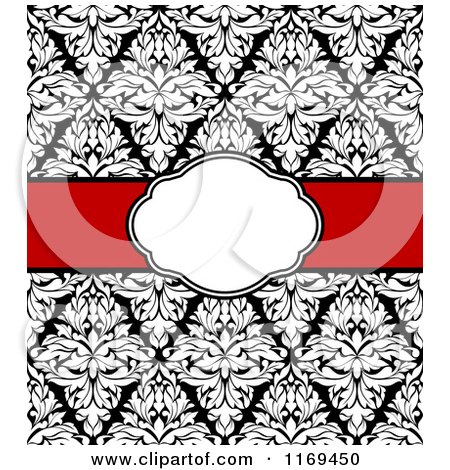 Clipart of a Black and White Damask Invitation with a Red Ribbon and Copyspace 2 - Royalty Free Vector Illustration by Vector Tradition SM
