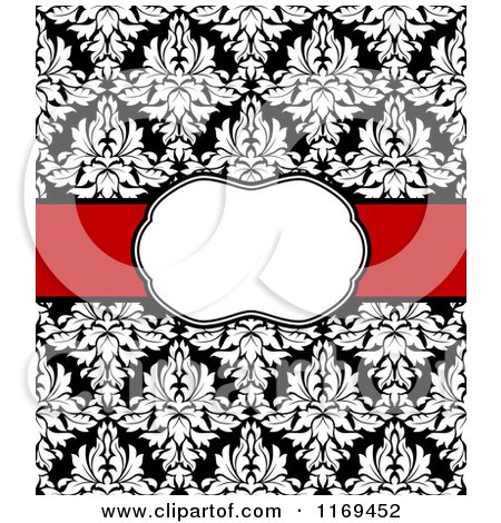 Clipart of a Black and White Damask Invitation with a Red Ribbon and Copyspace - Royalty Free Vector Illustration by Vector Tradition SM