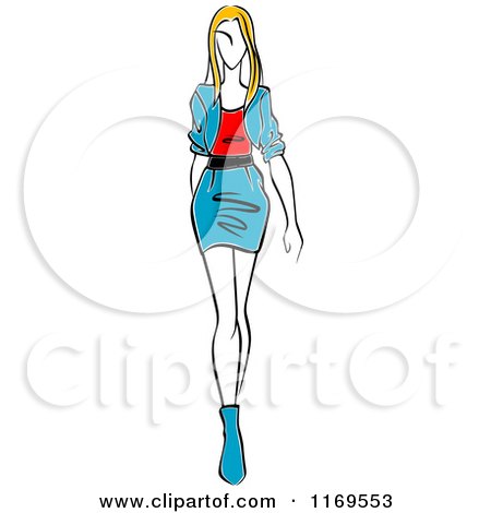 Clipart of a Sketched Model Walking in a Skirt and Blouse 2 - Royalty Free Vector Illustration by Vector Tradition SM
