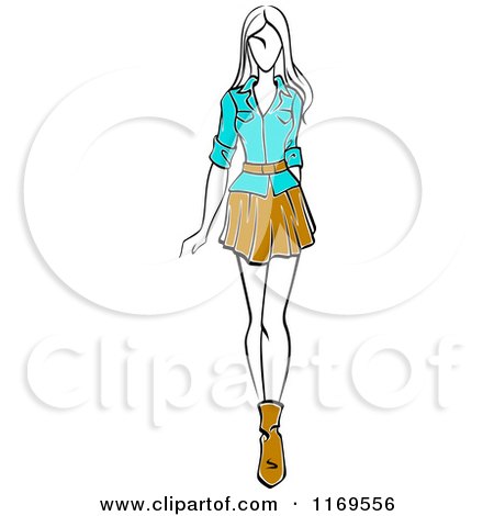 Clipart of a Sketched Model Walking in a Skirt and Blouse - Royalty Free Vector Illustration by Vector Tradition SM