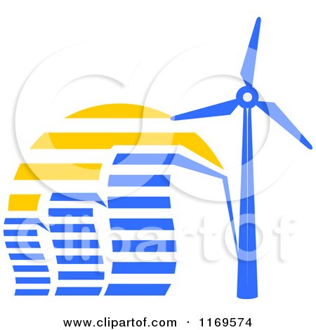 Clipart of Blue Energy Efficient Buildings and a Windmill Turbine at Sunset - Royalty Free Vector Illustration by Vector Tradition SM