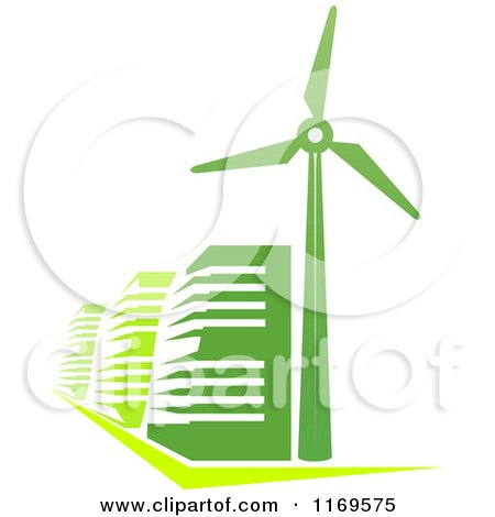 Clipart of Green Energy Efficient Buildings and a Windmill Turbine - Royalty Free Vector Illustration by Vector Tradition SM